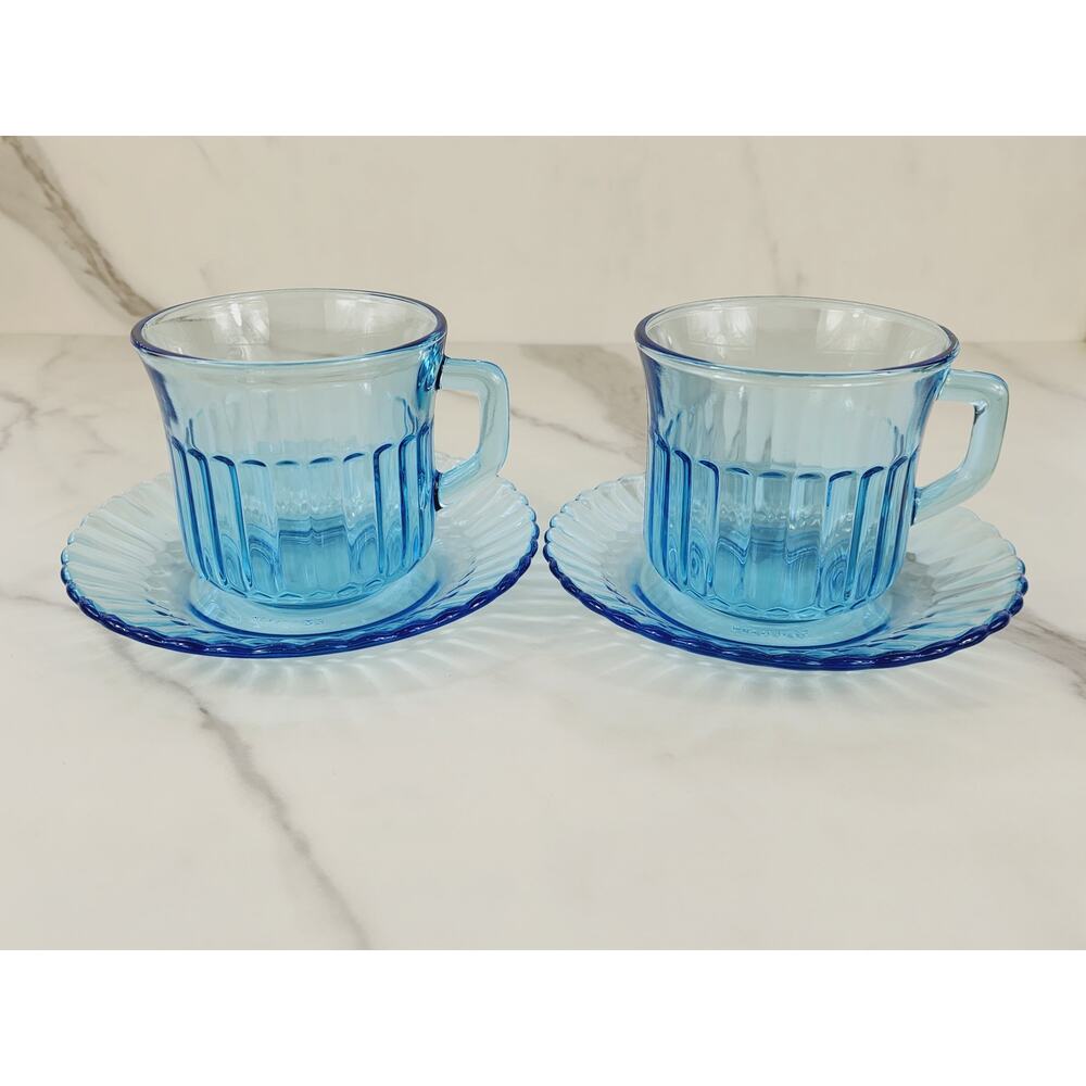 Fortecrisa Azure Ice Blue Glass Tea Cup Saucer 70's Interior Ribbed 3" Mexico x4